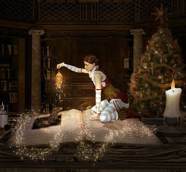 Christmas elf sits on a book with lantern and mouse - 3D illustration