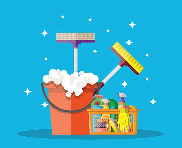 Vector illustration of household cleaning products and accessories