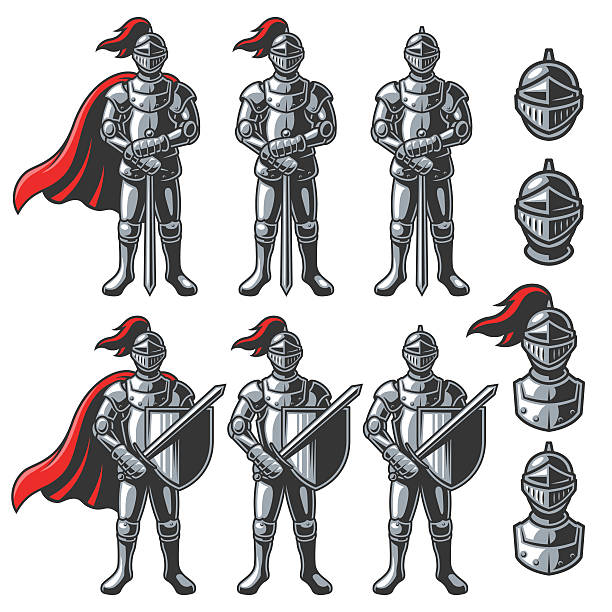 illustrations, cliparts, dessins animés et icônes de ensemble de chevaliers de couleur - chevalier-en-armure