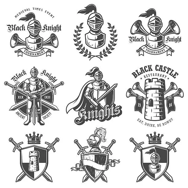 Vector illustration of Set of monochrome knights emblems