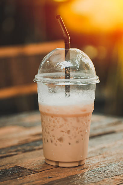 Iced Coffee Latte with Ice in plastic Clear Cup.
