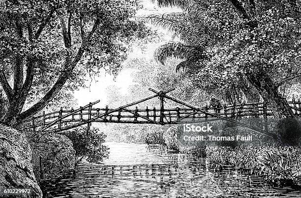 Hand Drawn Illustration Of Small Bridge Stock Photo - Download Image Now - Bridge - Built Structure, Drawing - Art Product, 1885