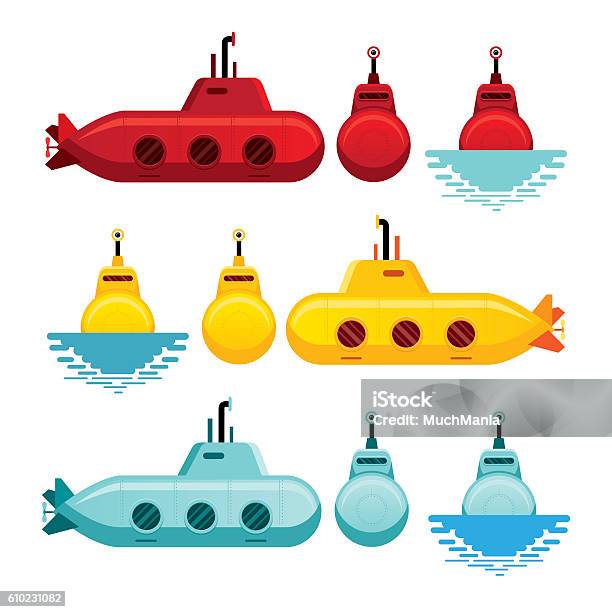 Submarine Cartoon Style - Arte vetorial de stock e mais imagens de Submarino - Veículo Aquático - Submarino - Veículo Aquático, Periscópio, Design plano