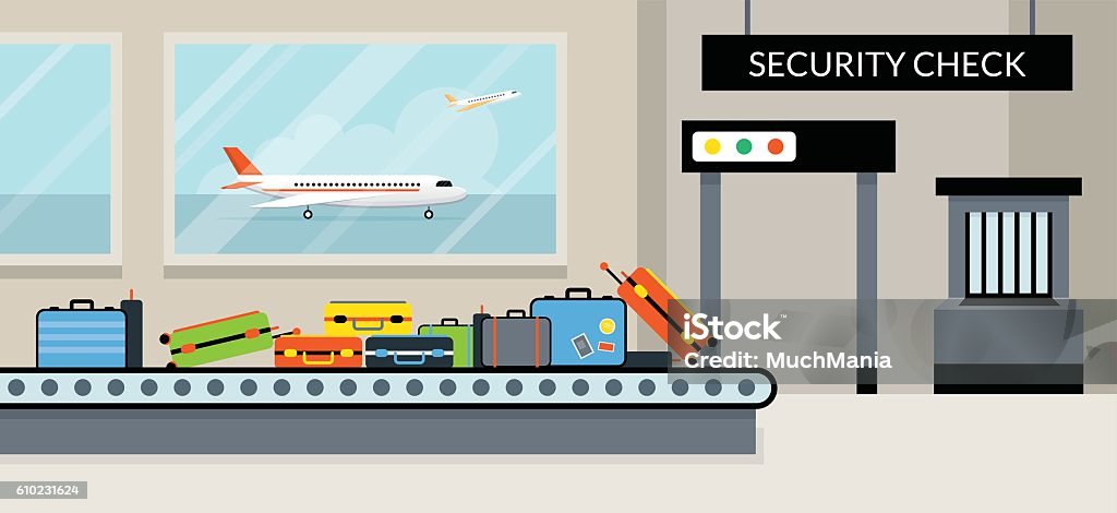 Airport Terminal Security Check Aircraft, Commercial Aviation, Aerial Transport Conveyor Belt stock vector