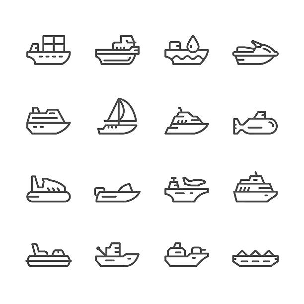 ilustraciones, imágenes clip art, dibujos animados e iconos de stock de establecer iconos de línea del transporte acuático - transportation nautical vessel floating on water sea