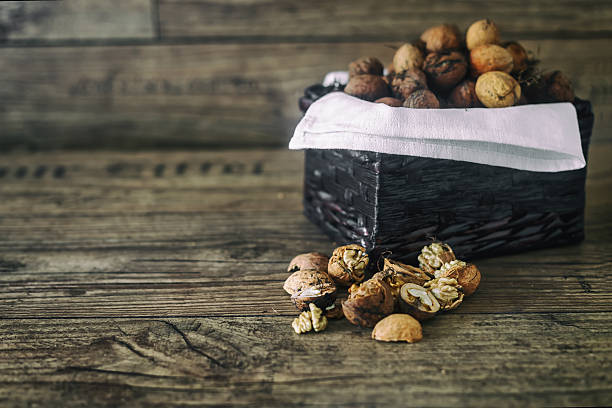istock Fresh walnuts in a basket on autumn background on the 610232654