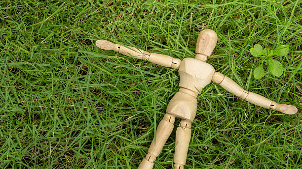 istock wooden human figure lay down on grass garden relax 610233894