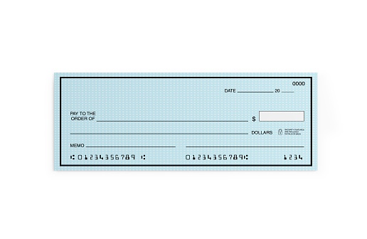 Blue personal check with altered numbers. Isolated on white background. Clipping path is included.