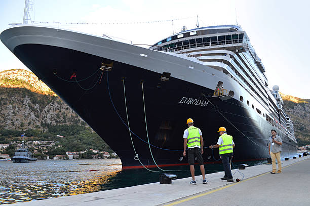 Big cruiser docking in the port of Kotor, Montenegro stock photo