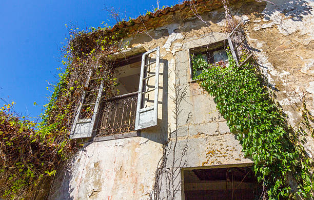 istock large country house abandoned in ruins with vegetation 610236294