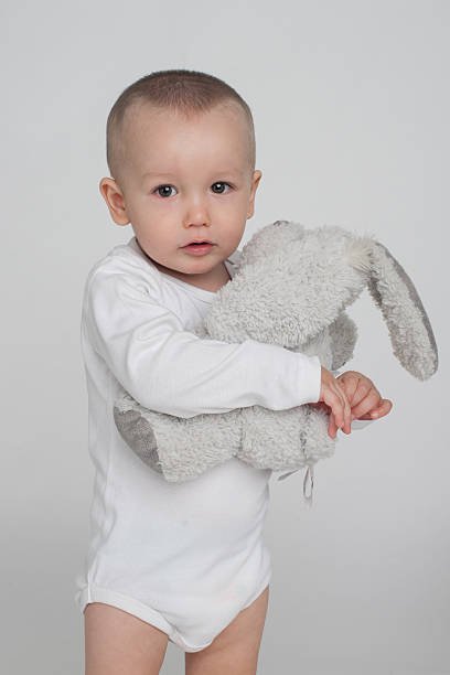 bebé sobre un fondo blanco - rabbit baby rabbit hare standing fotografías e imágenes de stock