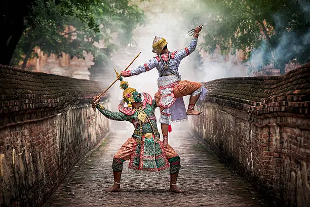 Thai traditional dance of the Ramayana dance drama in Wat Mahaeyong in Ayutthaya, Thailand.