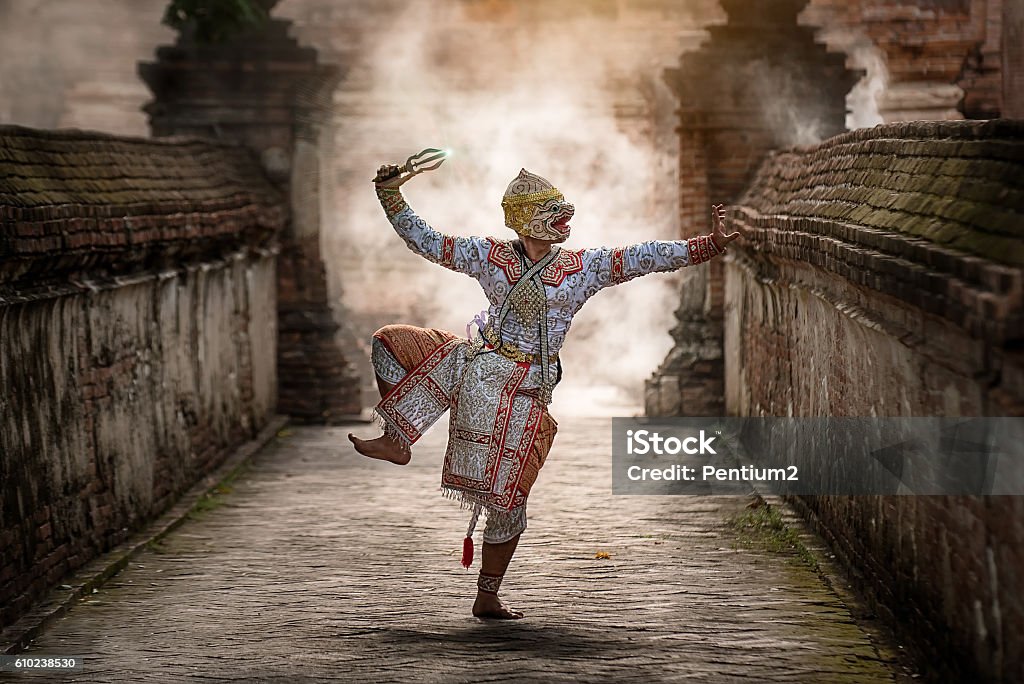 The pantomime (Khon) festival candles. Thai traditional dance of the Ramayana dance drama in Wat Mahaeyong in Ayutthaya, Thailand. Ramakien Doll Stock Photo