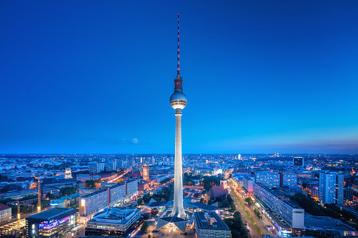 Berlin Skyline with TV tower at Alexanderplatz at dusk