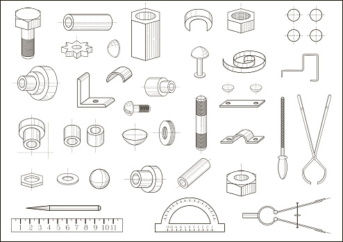 A set of images of different abstract metal parts and tools. The drawing in vector graphics