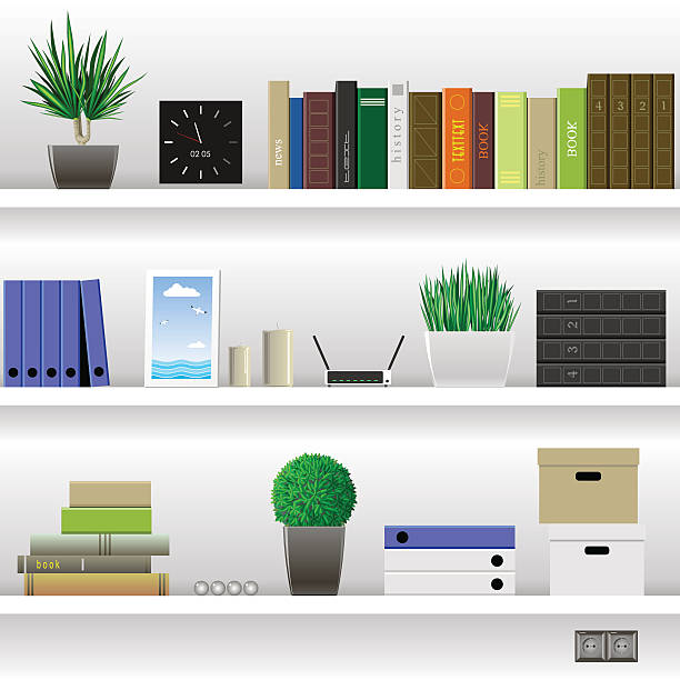 Shelves Office and Cabinet White office shelves or living room with books and office documents, literature, and household items. Vector graphics clock borders stock illustrations