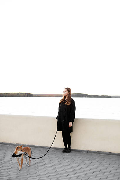 istock Girl walking with japan dog 610241070