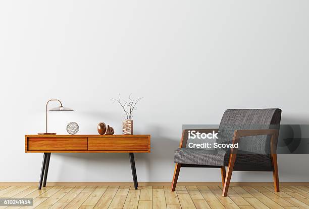 Interior With Wooden Side Table And Armchair 3d Rendering Stock Photo - Download Image Now