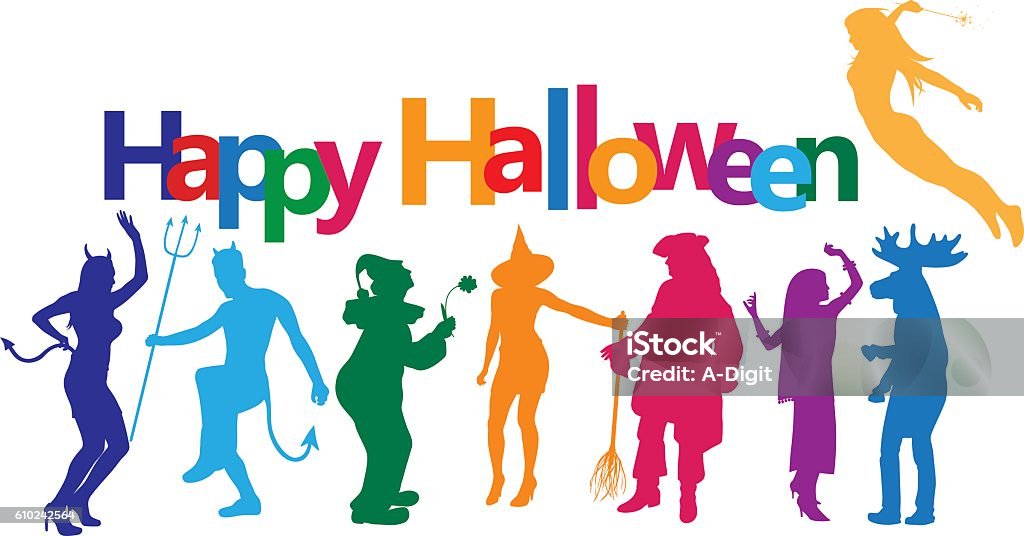 Halloween GrownUps A vector silhouette illustration of young adults partying and dancing. They are multicoloured as well as the text box above which reads Happy Halloween. Dancing stock vector