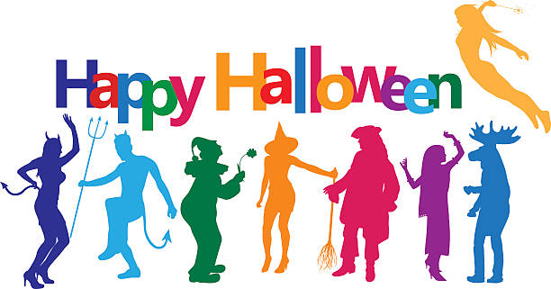 Halloween GrownUps A vector silhouette illustration of young adults partying and dancing. They are multicoloured as well as the text box above which reads Happy Halloween. cartoon of the devils pitch fork stock illustrations