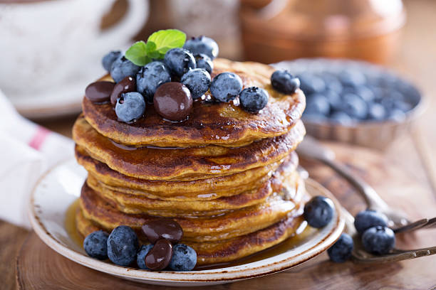 istock Pumpkin pancakes with blueberries 610243070