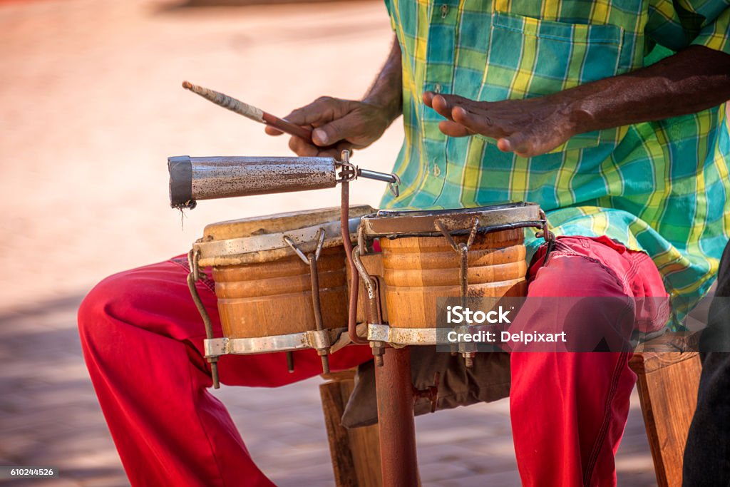 Street musician playing drums in Trinidad, Cuba Caribbean Stock Photo