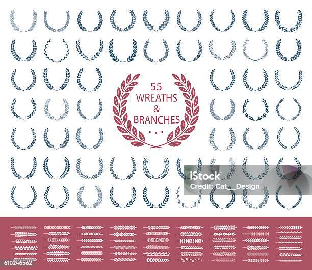 55 Wreaths And Branches Set Vector Illustration Stock Illustration - Download Image Now - Laurel Wreath, Bay Tree, Vector