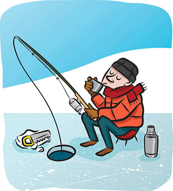 Ice Fishing Man sips from his thermos while ice fishing on a frozen lake. man ice fishing stock illustrations