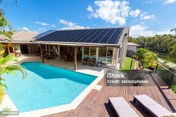 Backyard With Swimming Pool Stock Photo - Download Image Now - Solar Panel, Residential Building, Swimming Pool