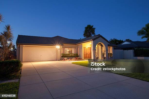 Suburban House Front Stock Photo - Download Image Now - House, Dusk, Australia