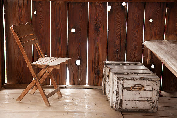 istock wooden chairs and wooden crate 610250076