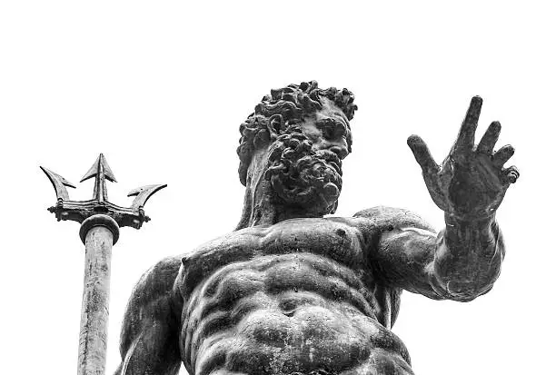 Artistic sculpture of Neptune statue, photographed in black and white.