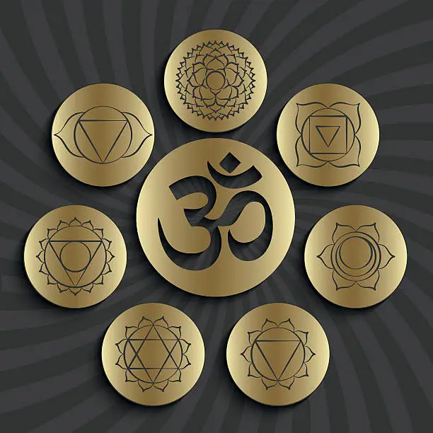 Vector illustration of Chakra pictograms and symbol OM in the centre