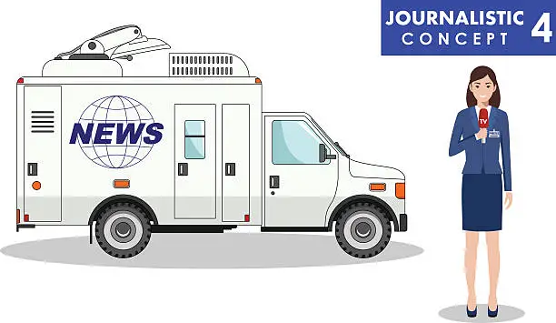 Vector illustration of Journalistic concept. Woman reporter and TV or news car.