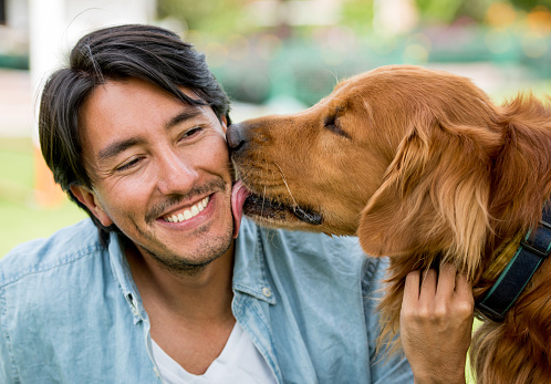 Portrait of a beautiful dog licking a happy man smiling outdoors