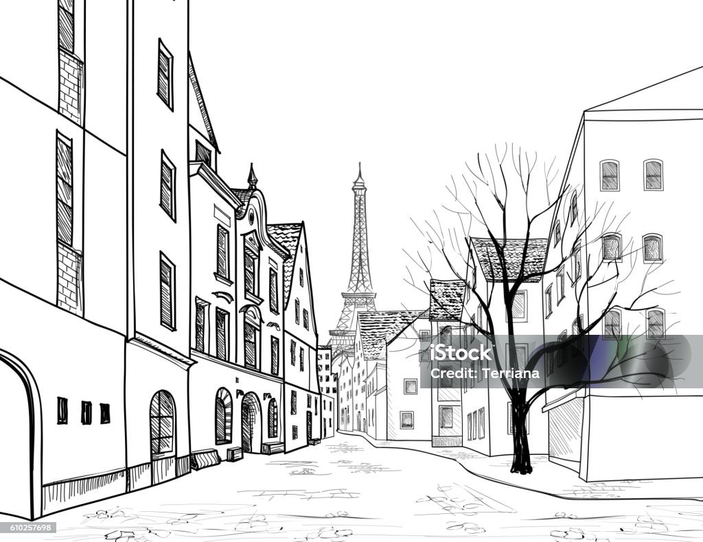 Paris city street engraving. Cityscape - alleyway with Eiffil tower Paris street. Cityscape - houses, buildings and tree on alleyway with Eiffil tower on background. Old city view. Medieval european city landscape. Pencil drawn vector sketch Paris - France stock vector