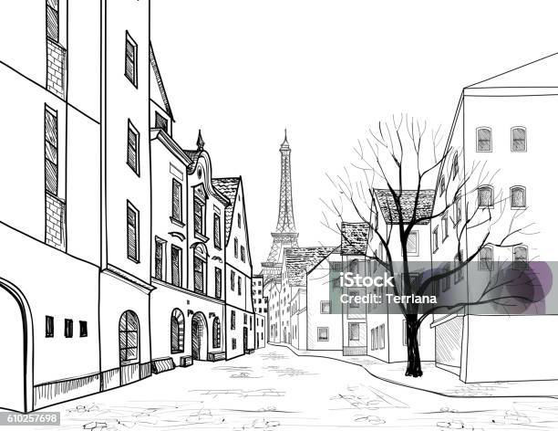 Paris City Street Engraving Cityscape Alleyway With Eiffil Tower Stock Illustration - Download Image Now