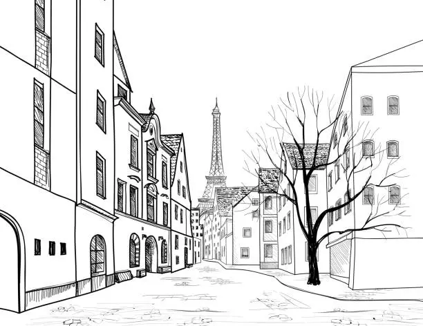 Vector illustration of Paris city street engraving. Cityscape - alleyway with Eiffil tower