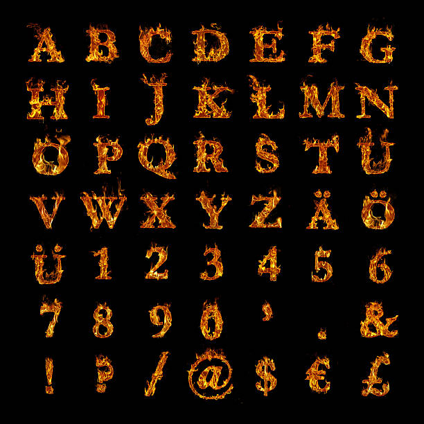 whole alphabet with numbers and punctuation marks in burning flames - letter n fotos imagens e fotografias de stock