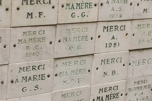 Slates thank Mother Mary and the wall around the Church of the Miraculous Medal in Paris, France