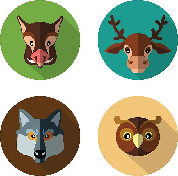 Vector illustration of Set flat icons of forest animals