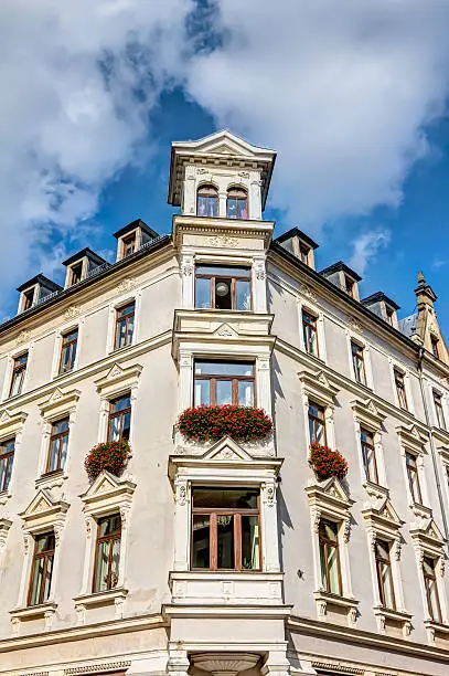 Representative building in historic architecture style in the old town of Freiberg in Saxony, Germany