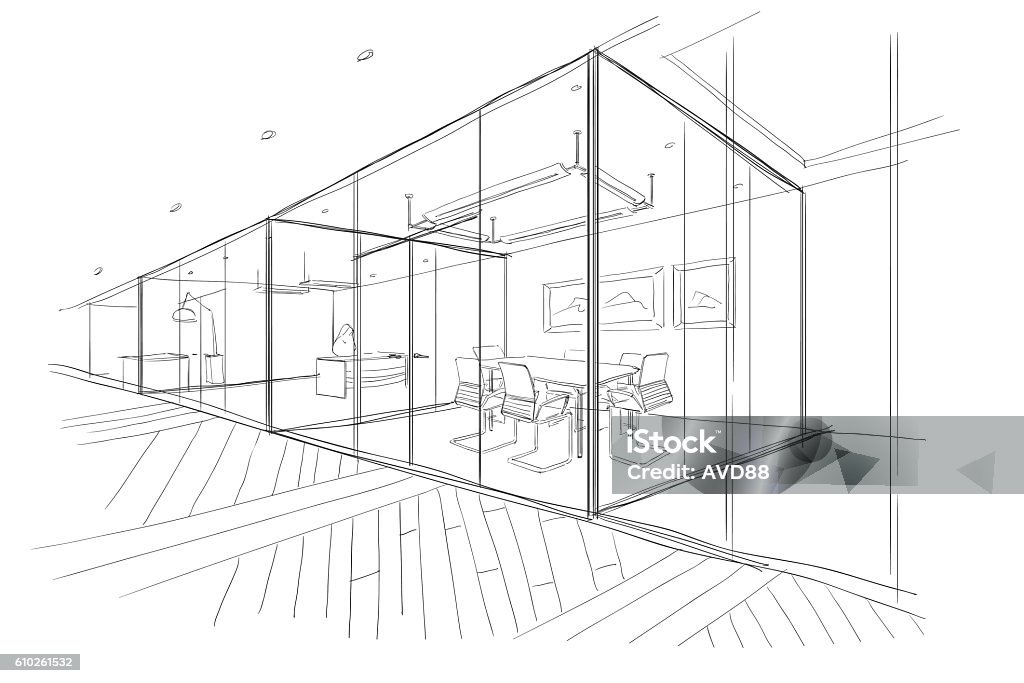 Hand drawn sketch of the office space. The Workplace Illustration. Office stock vector