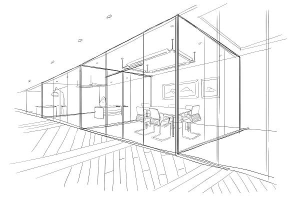 Hand drawn sketch of the office space. The Workplace Illustration. indoors illustrations stock illustrations