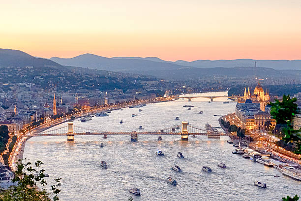 istock Boats on Danube River in Budapest at Sunset 610261978