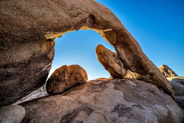 Dry arch rock formations at Joshua Tree National Park during sunrise.  The sky is blue and the rocks are lit by warm yellow sunlight.  The image depicts nature and deserts in America.  The dry desert is a representation of climate change or global warming.
