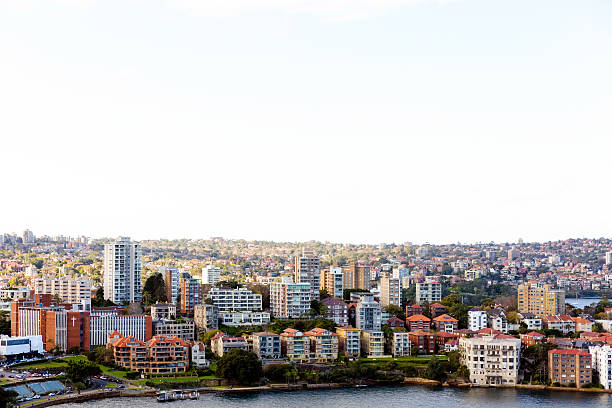 City, North Sydney and Lavender Bay, Australia, against sky background, full frame horizontal composition with copy space