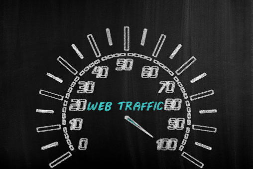 web traffic speedometer concept on blackboard