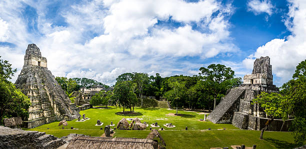 Mayan Temples at Tikal National Park - Guatemala Mayan Temples of Gran Plaza or Plaza Mayor at Tikal National Park - Guatemala jaguar cat photos stock pictures, royalty-free photos & images