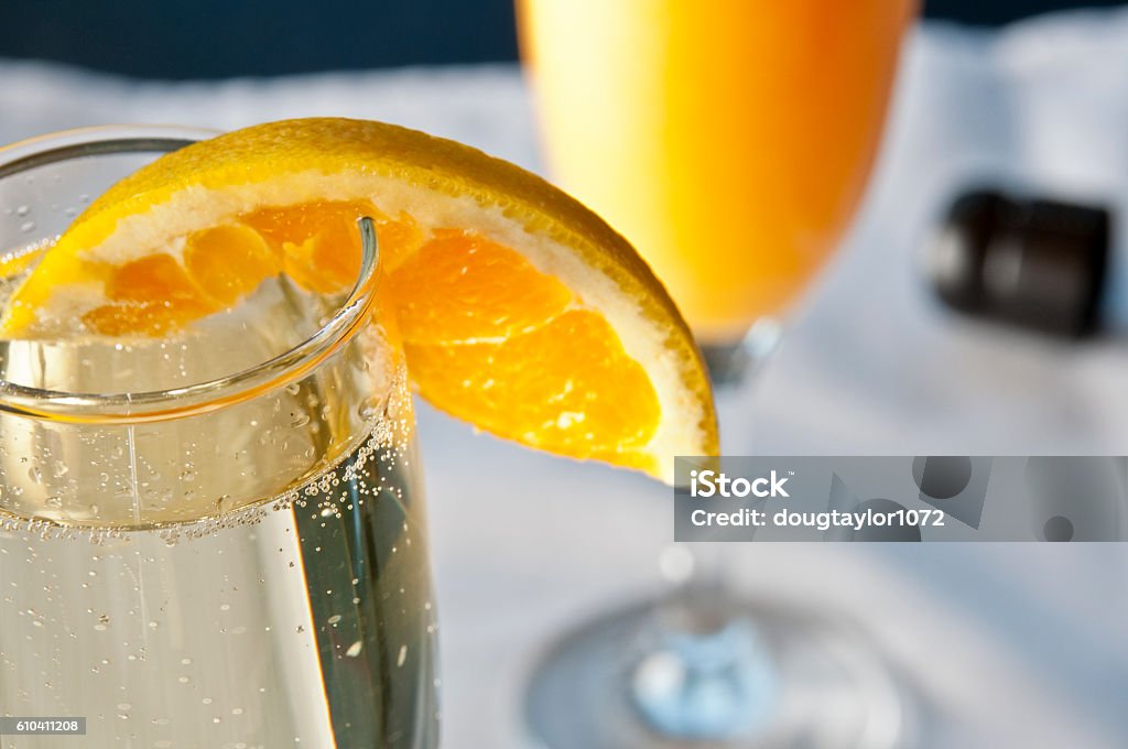 mimosa mimosa, orange slice, orange juice, champagne flute, champagne Mimosa Stock Photo